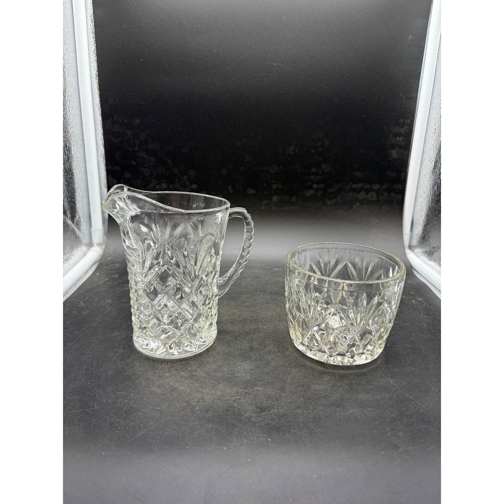 Vintage Pressed Glass Creamer and Sugar Bowl Set Diamond Point Starburst Clear
